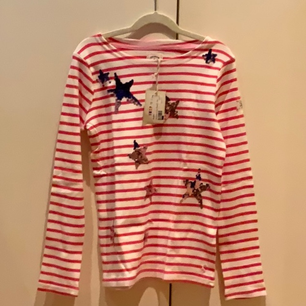 Red and white striped long sleeve shirt with stars